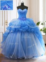 With Train Lace Up Quinceanera Gowns Blue for Military Ball and Sweet 16 and Quinceanera with Beading and Ruffled Layers Sweep Train