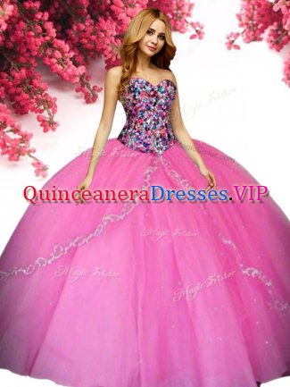 Floor Length Hot Pink Sweet 16 Dresses Tulle Sleeveless Beading