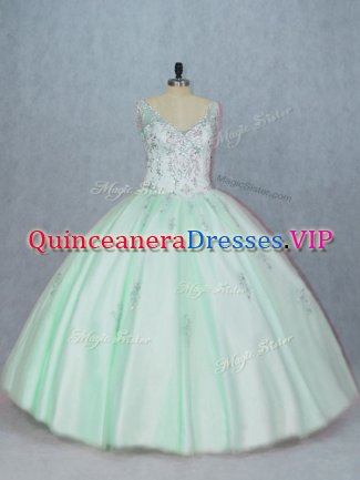 Extravagant Apple Green Lace Up V-neck Beading and Appliques Quince Ball Gowns Tulle Sleeveless