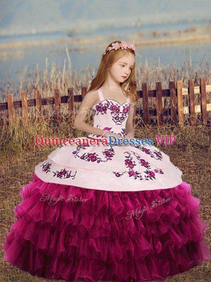 Perfect Floor Length Fuchsia Little Girls Pageant Dress Wholesale Organza Sleeveless Embroidery and Ruffles - Click Image to Close