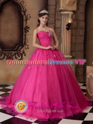 Beautiful Hot Pink A-line Appliques Decorate Bust Pedro Brand Dominican Republic Quinceanera Dress With Sweetheart Strapless Bodice