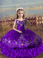 Ball Gowns Glitz Pageant Dress Purple Off The Shoulder Satin and Organza Sleeveless Floor Length Lace Up