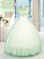 Noble Floor Length Green Quinceanera Dresses High-neck Sleeveless Zipper