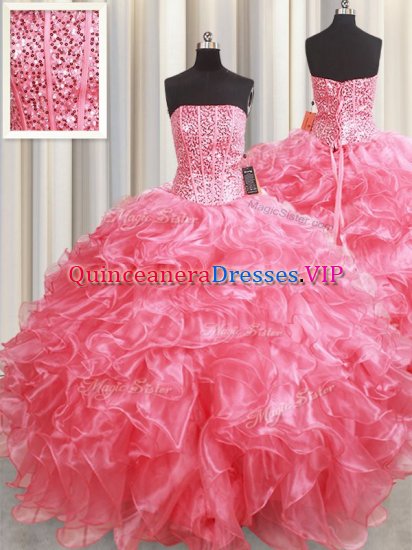 Pink Ball Gowns Organza Strapless Sleeveless Beading and Ruffles Floor Length Lace Up Sweet 16 Dress - Click Image to Close