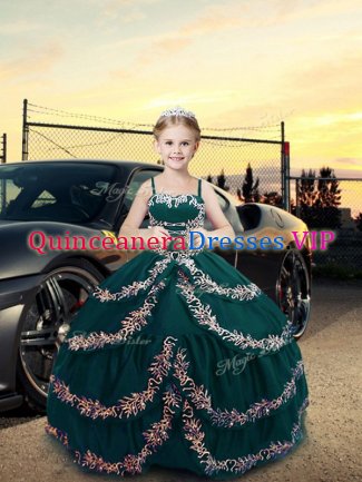 Custom Fit Ball Gowns Child Pageant Dress Teal Straps Satin Sleeveless Floor Length Lace Up