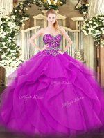 Beauteous Tulle Sweetheart Sleeveless Lace Up Beading and Ruffles Quinceanera Dress in Fuchsia