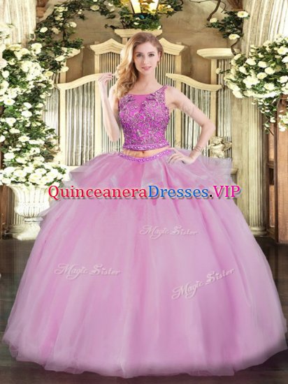 Latest Organza Scoop Sleeveless Lace Up Beading Quince Ball Gowns in Lilac - Click Image to Close