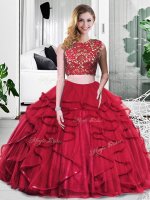 Fantastic Wine Red Tulle Zipper Quinceanera Gown Sleeveless Floor Length Lace and Ruffles(SKU SXQD138-1BIZ)