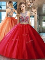 Tulle Scoop Sleeveless Brush Train Criss Cross Beading and Appliques Quinceanera Gown in Red