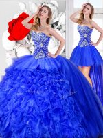 Perfect Three Piece Sleeveless Organza Floor Length Lace Up Ball Gown Prom Dress in Blue with Beading and Ruffles