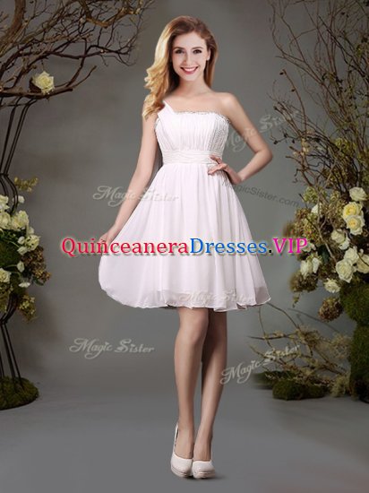 Chic White Zipper One Shoulder Beading and Ruching Damas Dress Chiffon Sleeveless - Click Image to Close