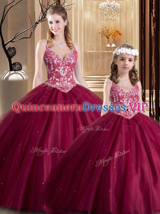 Wine Red Lace Up Quinceanera Dresses Lace Sleeveless Floor Length