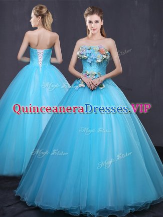 Decent Tulle Strapless Sleeveless Lace Up Appliques Sweet 16 Dresses in Baby Blue