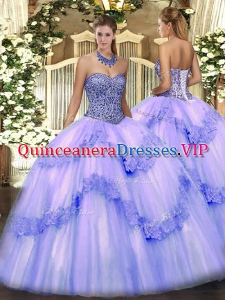 Best Selling Lavender Tulle Lace Up Sweetheart Sleeveless Floor Length 15 Quinceanera Dress Beading and Appliques and Ruffles