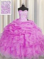 Modest Sleeveless Organza Floor Length Lace Up Quinceanera Gowns in Lilac with Beading and Ruffles(SKU PSSW0437-7BIZ)