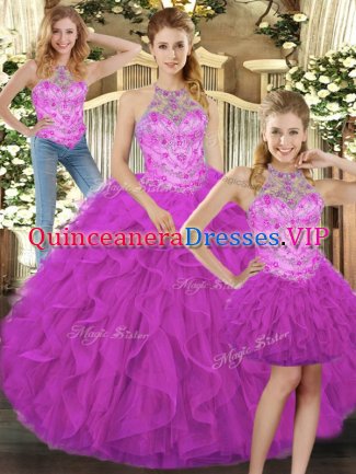 Fuchsia Sleeveless Beading and Ruffles Floor Length Quinceanera Gowns