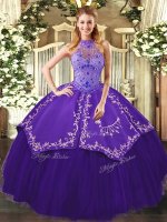 Lovely Purple Ball Gowns Halter Top Sleeveless Tulle Floor Length Lace Up Beading and Embroidery Quinceanera Gowns