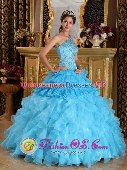 Ostfold Norway One Shoulder Aque Blue Ruffles Luxurious Quinceanera Dresses With Beaded Decorate Bust For Graduation - Click Image to Close