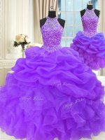 Custom Design Three Piece Pick Ups Floor Length Eggplant Purple Sweet 16 Dresses High-neck Sleeveless Lace Up