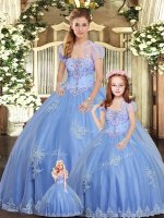 Ball Gowns Quince Ball Gowns Light Blue Strapless Tulle Sleeveless Floor Length Lace Up