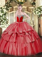 Discount Coral Red Sweet 16 Dress Military Ball and Sweet 16 and Quinceanera with Beading and Ruffled Layers Sweetheart Sleeveless Lace Up(SKU SJQDDT1386002-2BIZ)