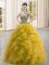 Gold Organza Lace Up Sweetheart Sleeveless Floor Length Quinceanera Gown Beading and Ruffles