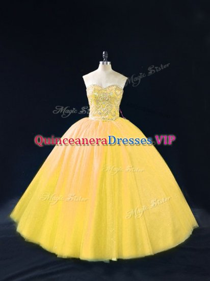 Gold Sleeveless Floor Length Beading Lace Up Sweet 16 Dress - Click Image to Close