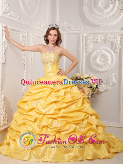 Fort Wayne Indiana/IN Appliques and Beading Brand New Yellow Quinceanera Dress Strapless Court Train Taffeta Ball Gown - Click Image to Close