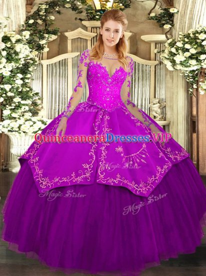 Custom Fit Long Sleeves Floor Length Lace and Embroidery Lace Up Sweet 16 Quinceanera Dress with Purple - Click Image to Close