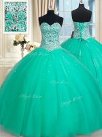 Luxury Sweetheart Sleeveless Sweet 16 Quinceanera Dress Floor Length Beading Turquoise Tulle