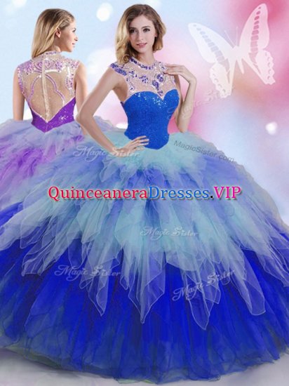 Floor Length Multi-color Sweet 16 Quinceanera Dress Tulle Sleeveless Beading and Ruffles - Click Image to Close