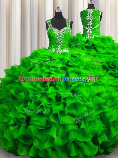 Attractive Zipple Up See Through Back Organza Straps Sleeveless Zipper Beading and Ruffles Ball Gown Prom Dress in - Click Image to Close