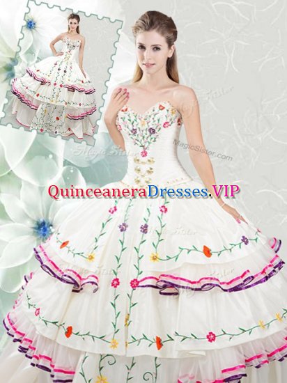 White Sweetheart Neckline Embroidery and Ruffled Layers 15 Quinceanera Dress Sleeveless Lace Up - Click Image to Close