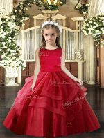 Floor Length Ball Gowns Sleeveless Red Girls Pageant Dresses Lace Up