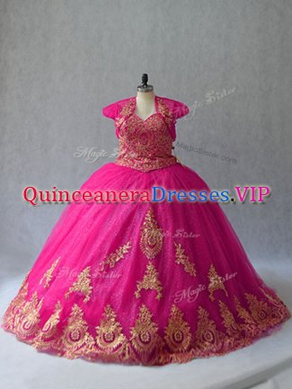 Hot Pink Tulle Lace Up Sweetheart Sleeveless 15 Quinceanera Dress Court Train Appliques