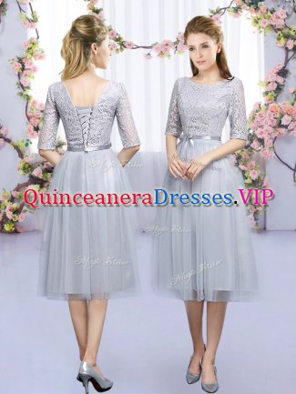 Sexy Grey Tulle Lace Up Scoop Half Sleeves Tea Length Court Dresses for Sweet 16 Lace and Belt