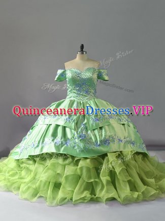 Charming Yellow Green Quinceanera Gowns Sweet 16 and Quinceanera with Embroidery and Ruffles Off The Shoulder Sleeveless Chapel Train Lace Up