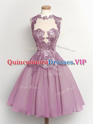 Affordable A-line Quinceanera Court Dresses Lilac High-neck Chiffon Sleeveless Knee Length Lace Up