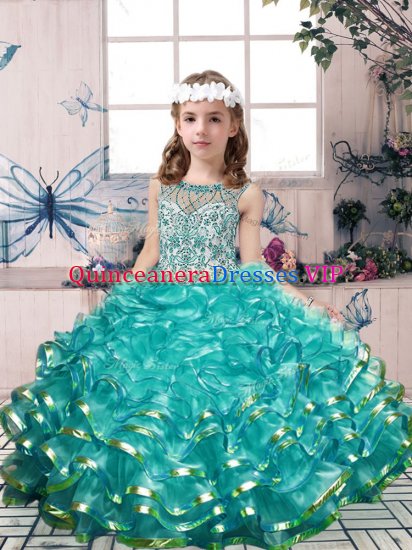 Sleeveless Floor Length Beading and Ruffles Lace Up Kids Formal Wear with Teal - Click Image to Close