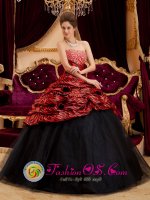 Ibiza Spain Zebra and Tulle Hand Made Flowers And Beading Decorate Exquisite Red and Black Quinceanera Dress Strapless Ball Gown