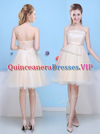 Custom Fit Champagne Court Dresses for Sweet 16 Prom and Party and Wedding Party with Bowknot Strapless Sleeveless Lace Up