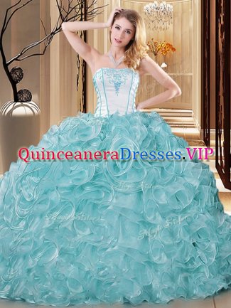 Custom Made Strapless Sleeveless Sweet 16 Dress Floor Length Embroidery and Ruffles Blue And White Organza