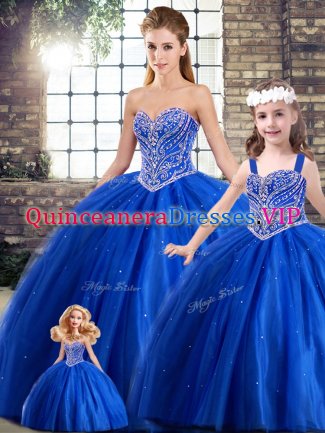 Lace Up Sweet 16 Dresses Blue for Military Ball and Sweet 16 and Quinceanera with Beading Brush Train