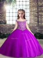 Floor Length Purple Pageant Dress for Teens Off The Shoulder Sleeveless Lace Up