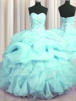 Best Selling Visible Boning Aqua Blue Ball Gowns Organza Sweetheart Sleeveless Beading and Ruffles and Pick Ups Floor Length Lace Up Quinceanera Dress