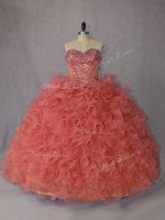 Orange Sleeveless Organza Brush Train Lace Up Quince Ball Gowns for Sweet 16 and Quinceanera