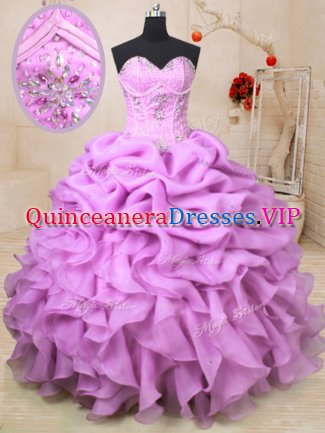 Lilac Sweetheart Neckline Beading and Ruffles and Pick Ups 15 Quinceanera Dress Sleeveless Lace Up