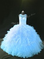 Custom Designed Organza Scoop Sleeveless Lace Up Appliques and Ruffles Quinceanera Gown in Blue and Light Blue