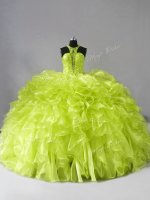 Wonderful Yellow Green Zipper Halter Top Beading and Ruffles Quinceanera Dresses Organza Sleeveless Brush Train