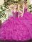 V-neck Long Sleeves Quinceanera Gown Floor Length Beading and Ruffles Fuchsia Organza